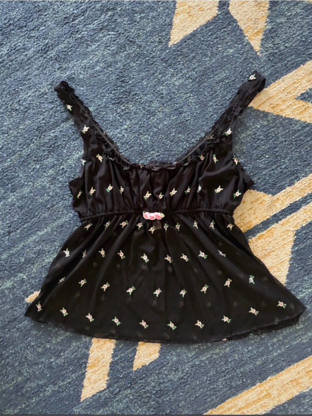 Victoria's Secret Black Sheer Floral Embroidered Camisole Babydoll Top